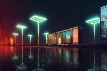 3D Rendering of billboards and advertisement signs at modern buildings in capital city with light reflection from puddles on street. Concept for night life, never sleep business district center (CBD)