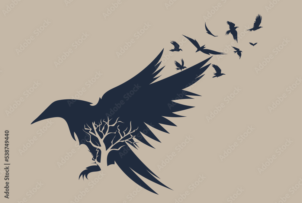 Wall mural sketch of flying raven. hand drawn illustration converted to vector. vector illustration