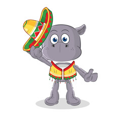 hippopotamus Mexican culture and flag. cartoon mascot vector