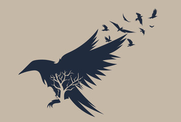 Sketch of flying raven. Hand drawn illustration converted to vector. Vector illustration