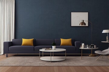 modern living room mock up with dark blue sofa, armchairs near coffee table, modern rug, floor lamp and empty gray wall, luxury living room interior background, 3d rendering