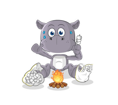 hippopotamus roasting marshmallows. cartoon mascot vector