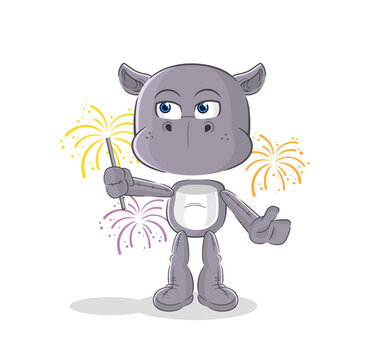 hippopotamus with fireworks mascot. cartoon vector