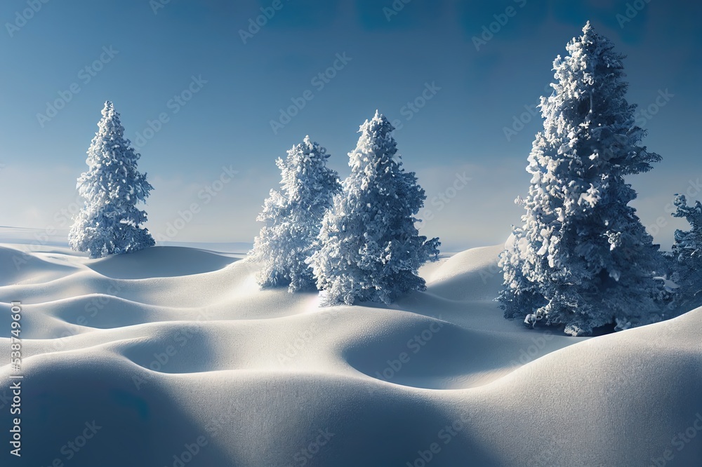 Poster abstract winter landscape scene with a podium for product display. 3d rendering.