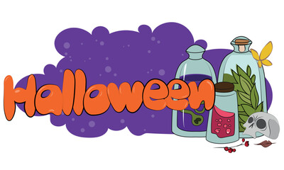 Happy Halloween banner or party invitation background with night clouds and pumpkins. Vector illustration. Full moon in the sky, spiders web and flying bats. Place for text