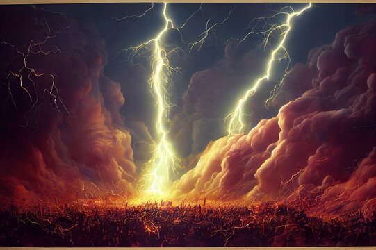 The god of thunder Thor makes a crushing blow with a hammer, smashing the army of demons into pieces, from his blow a trail of lightning and sparks was created, creating a huge vortex of vokurg. 2d