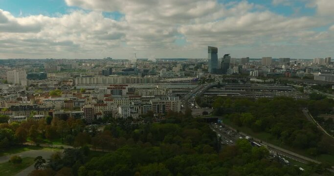 France, Paris aerial view, drone shot, aerial view flying above buildings.