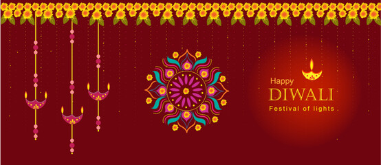 Happy Diwali banner with rangoli and lamps. Decoration with auspicious marigold garland for Diwali.