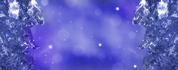 Frame from ice crystals. New Year blue purple background. Frosted glass texture.  Galaxy futuristic style
