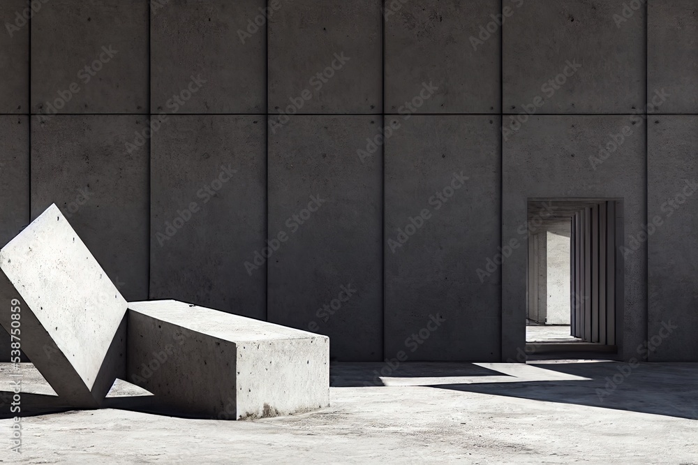 Poster perspective view of empty concrete floor with cement structure and wooden wall building exterior. 3d