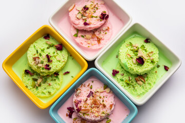 Bread Rasmalai, tweaked version of Ras malai using bread slices in Rose and pistachio flavours