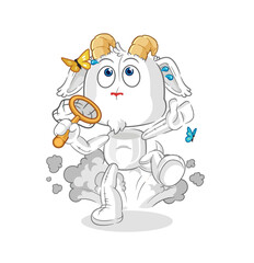 mountain goat catch butterfly illustration. character vector