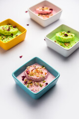 Bread Rasmalai, tweaked version of Ras malai using bread slices in Rose and pistachio flavours