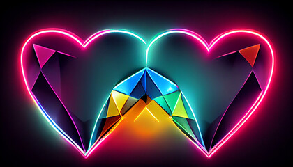 Colorful Neon Line Art Shape of Hearts in Vibrant Background, Glowing Heart Shaped Neon Light, Heart Shape Neon , Red, Golden, Yellow, Blue Light Neon Heart, Geometric Glow Outline Heart Shape.