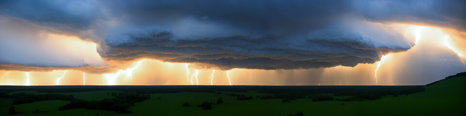 Obraz premium Dramatic lightning and thunderstorm weather during summer over a field. Multiple thunderbolt strike in the distance. Render