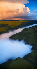 Beautiful scenery of cloudscape and mist in the valley. vertical landscape of nature. Render