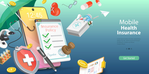 3D Vector Conceptual Illustration of Mobile Health Insurance, Online Policy Document