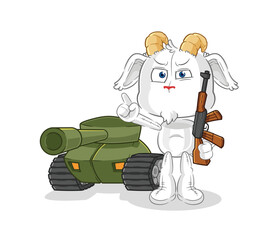 mountain goat soldier with tank character. cartoon mascot vector