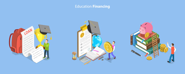 3D Isometric Flat Vector Conceptual Illustration of Education Financing, Student Loan