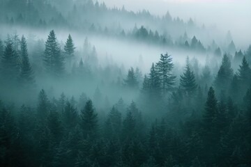 Fir trees in the fog in the mountains. High quality photo