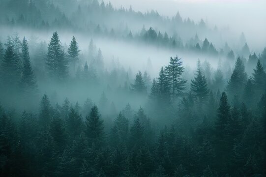 Fir trees in the fog in the mountains. High quality photo © 2ragon