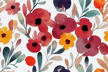 Colorful seamless floral pattern with abstract flowers, leaves and berries. Watercolor print in rustic vintage style, textile or wallpapers in provence style isolated on white background.