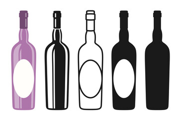 Wine bottle symbol set. Icon line, stamp engraving silhouette vintage design. Alcohol beverages wine, champagne. Celebration winemaking advertisement bottles mockup for bar, cafe, restaurant vector
