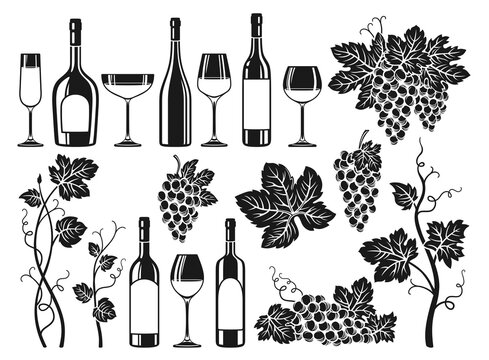 Wine products engraving stamp set. Wineglass and bottle, vine grapes vintage ink shape hand drawn design. Wine or champagne bottles alcohol bar, advertisement spirits design for cafe restaurant vector