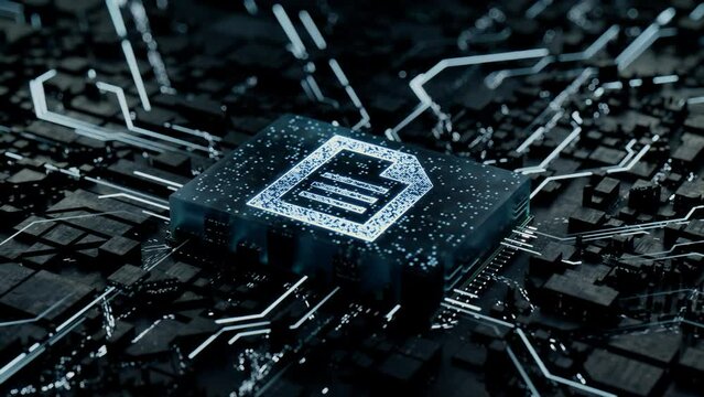 Word document Technology Concept with document symbol on a Microchip. White Neon Data flows from the CPU across a Futuristic Motherboard. Seamless Loop.