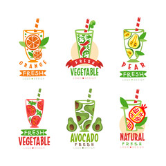 Fresh Fruit and Vegetable Juice in Glass with Straw Logo Design Vector Set