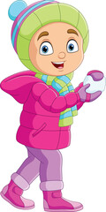 Cartoon little boy in winter clothes with snowballs