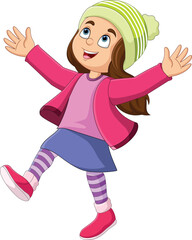 Cartoon happy little girl in winter clothes