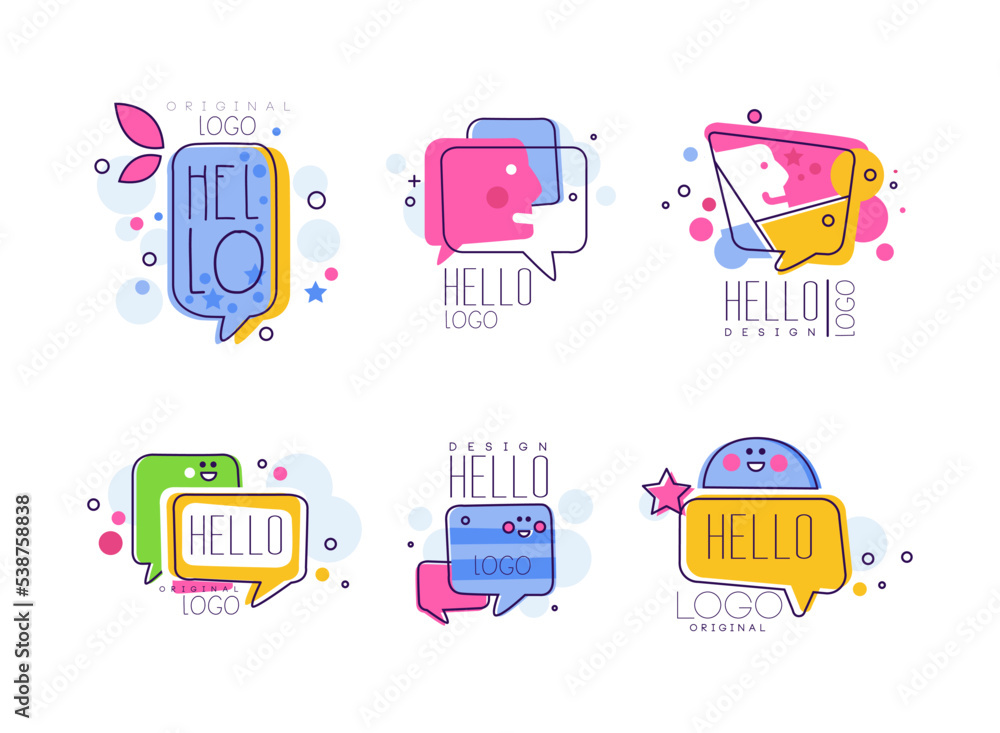 Poster hello speech bubble logo design with smile and face vector set
