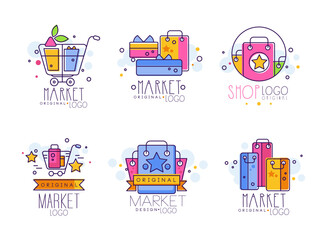Market Logo Design with Shopping Cart and Purchase Bag Vector Set