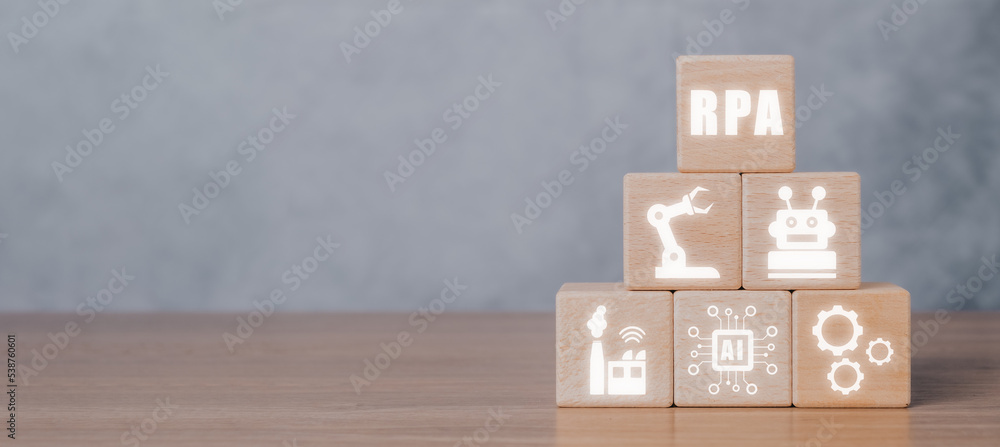 Poster rpa robotic process automation innovation technology concept, wooden cube block with vr screen rpa i