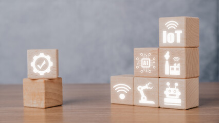 IOT Internet of things, Wooden cube block with Internet of things icon with copy space, Digital transformation, Modern technology concept.