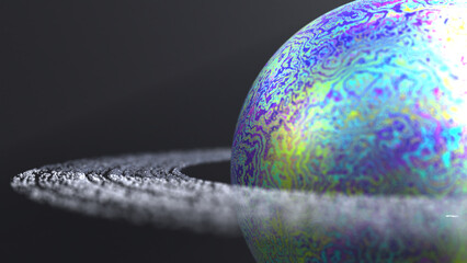 3D hyper-realistic rendering of abstract object with liquid marbling effect texture and vivid and vibrant colors resembling an isolated imaginary planet with a ring system orbiting around it.