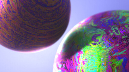 3D rendering of abstract object with liquid marbling effect texture and vivid and vibrant colors resembling an isolated imaginary planet in hyper-realistic scene