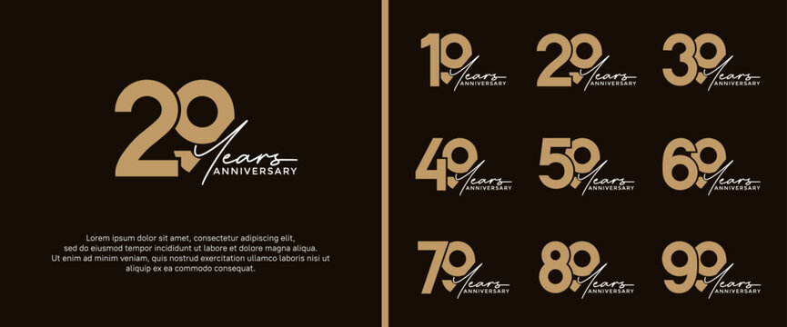 set of anniversary logo flat gold color on black background for celebration moment
