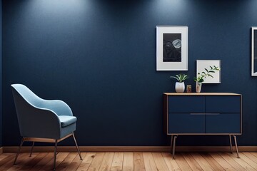 Commode with chair and decor in living room interior, dark blue wall mock up background, 3D render