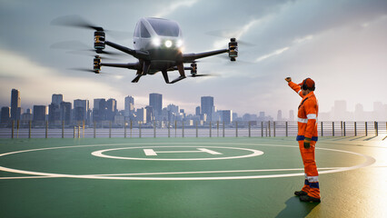 Autonomous driverless aerial vehicle fly across city, 3d render © kinwun