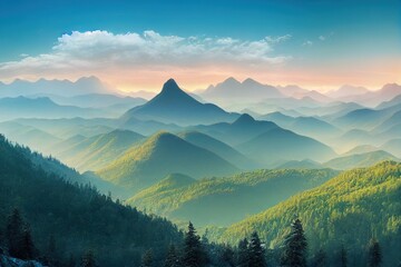 Panorama of a mountain valley. Beautiful mountain valley panorama. Mountain panoramic landscape. Mountain panorama