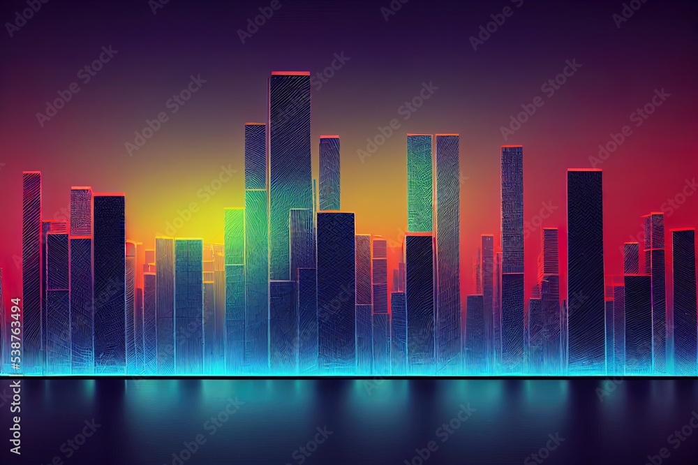 Poster abstract 3d city rendering with lines and digital elements. digital skyscrappers with wire texture. 