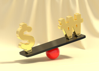 Korean monetary unit 'won' and 'dollar' on the scales 3D rendering in golden space with curtains. Concept of exchange rate comparison.   © NoonBusin