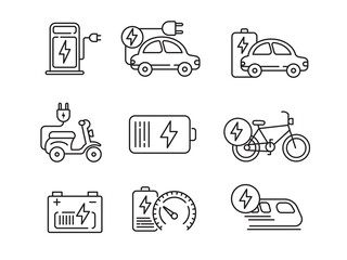 Set of electric vehicle icons with linear style isolated on white background