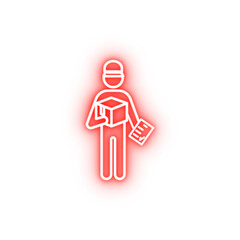 postal worker with parcel outline neon icon