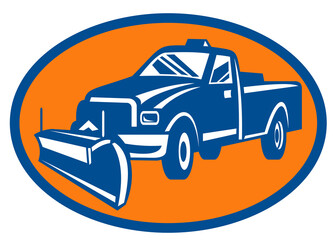 illustration of an icon with Snow plow pick-up truck inside oval