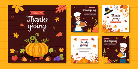 Fototapeta na wymiar Happy Thanksgiving Celebration Social Media Post Flat Cartoon Hand Drawn Templates Illustration