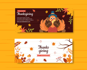 Happy Thanksgiving Celebration Horizontal Banner Flat Cartoon Hand Drawn Templates Illustration
