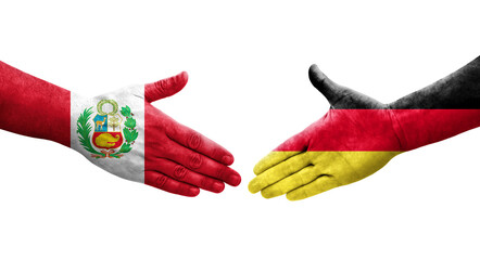 Handshake between Germany and Peru flags painted on hands, isolated transparent image.